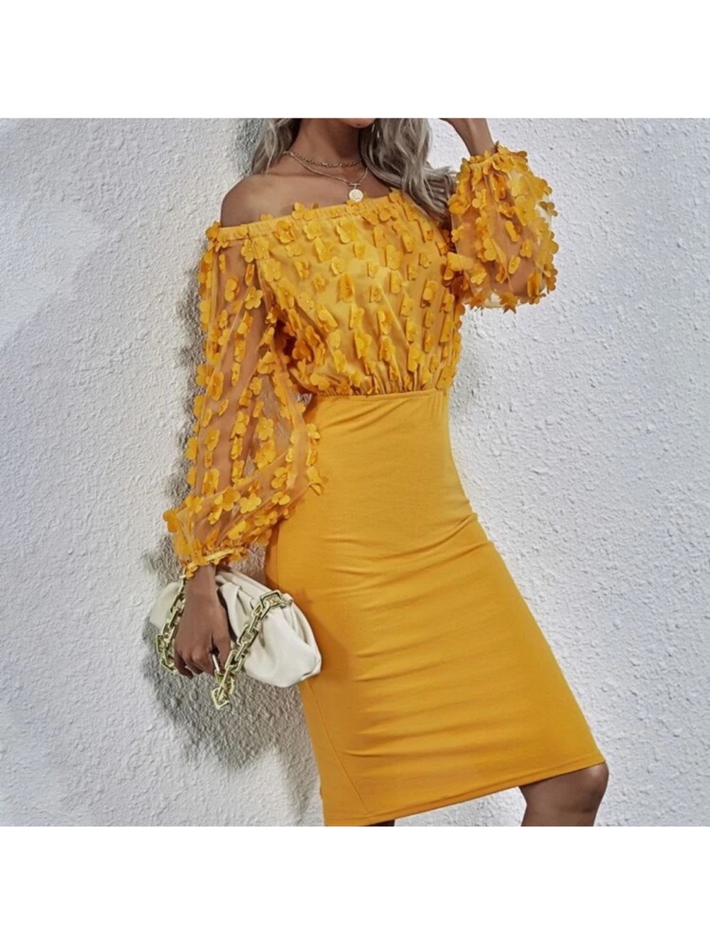 Off-Shoulder Yellow Floral Applique Sheath Dress